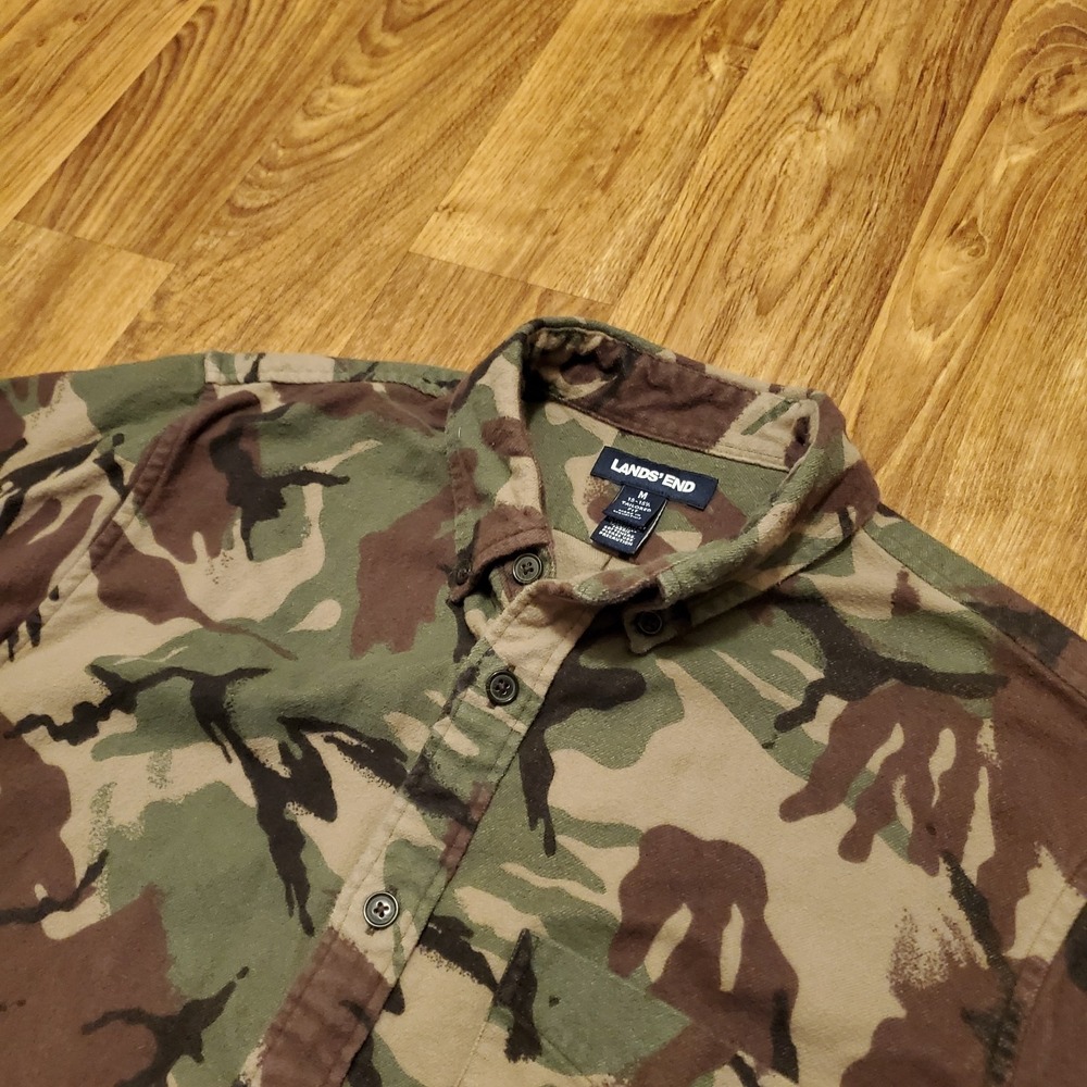 Camouflage Shirt Men Medium Button Down Chamois Woodland Tailored Fit‎ Lands End